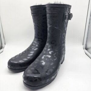Hunter Original Refined Short Rain Boots 8 Slim Leopard Print Fur Lined Black